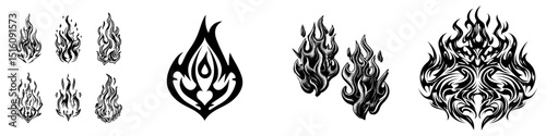 Tattoos and decals featuring tribal fire flames, as well as motorcycle stickers, showcase modern icons with a gothic twist, characterized by curved flames and hellish bonfires
