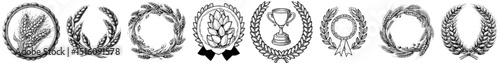 A golden wheat wreath badge featuring cartoon spikelets and seeds serves as a modern winner award or prize, champion trophy and medal frame of game UI asset with a golden wheat wreath