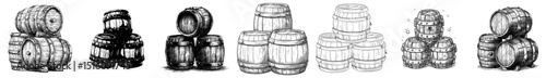 A cartoon icon featuring three wooden pirate barrels with sturdy metal bands stacked neatly, represents storage for treasure, rum, or game supplies, evoking a modern medieval tavern or corsair
