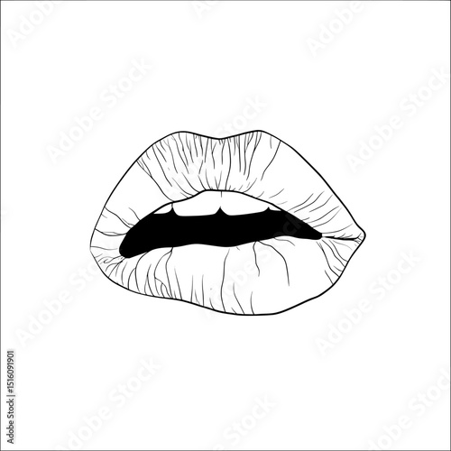 Lips with a slightly open mouth are depicted in a minimalist black and white illustration