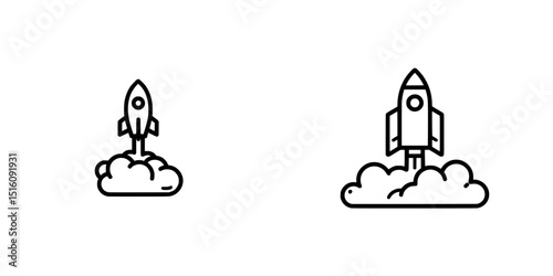 A basic drawing featuring a rocket taking off surrounded by clouds of smoke in black and white