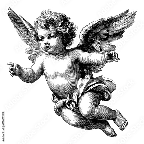 A modern illustration of a cherub with wings is rendered in a classic engraving style with great detail