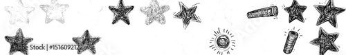 A hand drawn set of crayon pencil stars and sparkles doodles is presented in black and white modern illustration with twinkle and bling