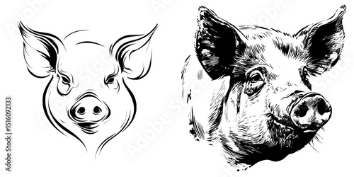 Modern illustration of a pig head in line art silhouette form, also available as a pig head silhouette and pig head silhouette PNG