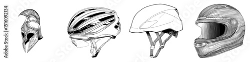 The helmet illustration is created using a single continuous line set against a white backdrop, in a modern style