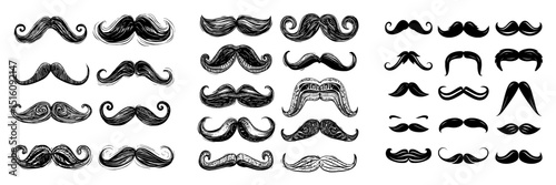 A set of hand-drawn black mustache icons are presented on a white background in a modern simple illustration style