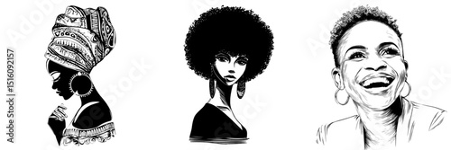 Modern black and white illustration depicts a beautiful African American woman