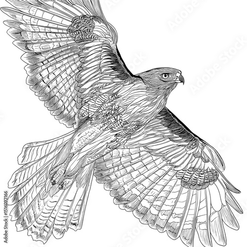 The image features a black and white illustration of a red-tailed hawk with outstretched wings and meticulously drawn feathers while in flight