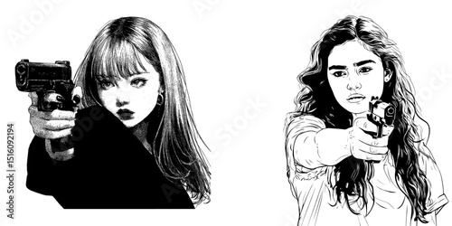 The image features a cute young woman shooting a gun, presented in a contemporary black and white aesthetic