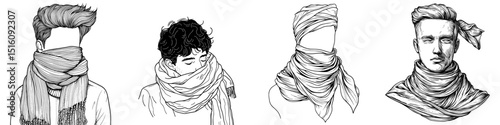 A beautiful and realistic black scarf is set against a white background, depicted in a hand-drawn modern sketch with a doodle vintage line art style, symbolizing a winter and autumn fashion accessory