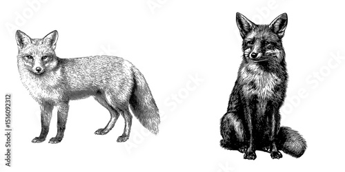 A classic engraving style sketch of a standing fox showcases natural grace and cunning, generated using modern illustration and AI, resembling a scratch board imitation in black and white