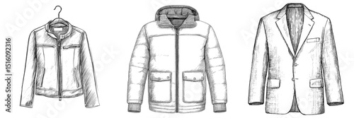 Modern drawing featuring a monochrome ink sketch of a jacket in an engraving style illustration