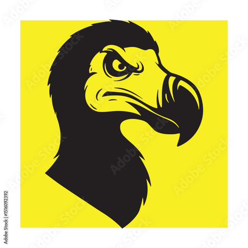 Bold black and yellow vector illustration of a dodo bird head facing right
