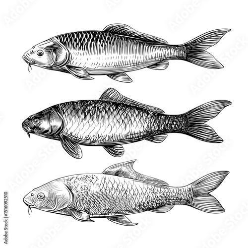 A hand-drawn engraving of a crucian carp fish is depicted in isolation on a white background as a modern sketch illustration
