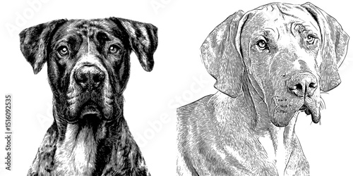 A black and white vintage drawing features a cartoon face of a Greater Swiss Mountain dog in a modern engraved portrait