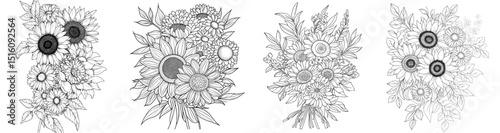 A modern illustration set featuring flowers in line art is isolated on a white background, with a black ink flower sketch showcasing a minimalist hand-drawn design