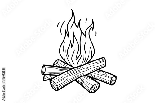 The image depicts a hand drawn camping bonfire, illustrated in a modern style with sketch engraving elements