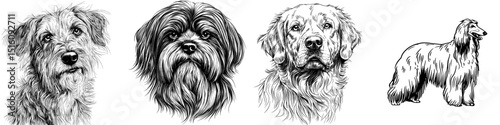 Modern realistic breed pet, Afghan Hound dog pet silhouette in hand drawn black and white animal line illustration