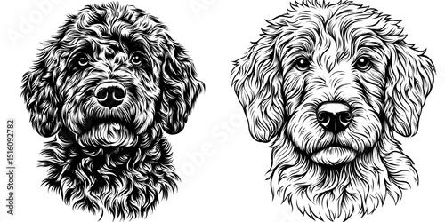 Black and white line art is used to create a hand drawn illustration of a Portuguese Water dog as a pet logo