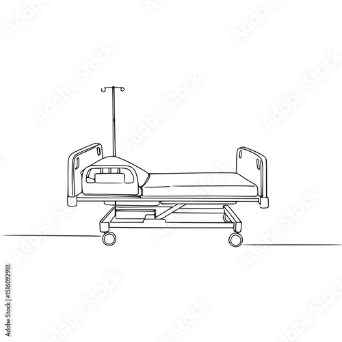 Hospital bed with IV stand in line drawing on a transparent background  