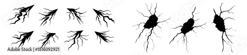 Set elements for a thunderstorm are showcased in modern lightning silhouettes illustration