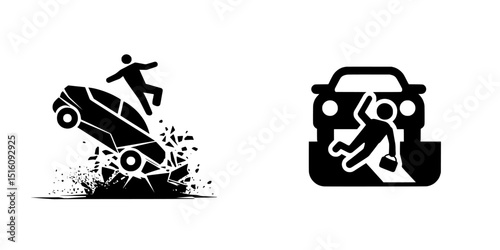 A monochrome icon depicting a car striking a person from the side is a symbol of an accident in black and white