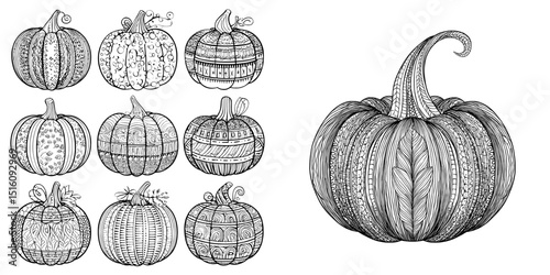 Thanksgiving coloring page featuring outlined pumpkin, pumpkin doodles, and pumpkin line art