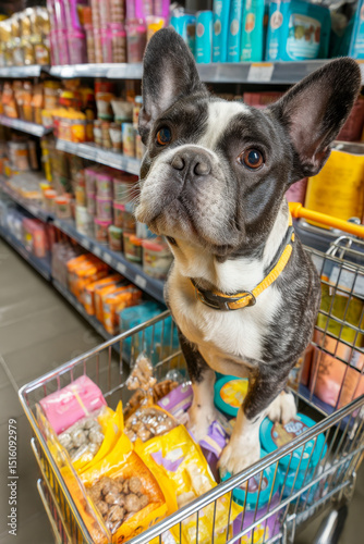 French bulldog sitting in a shopping cart filled with pet products inside a colorful and well-stocked pet store aisle