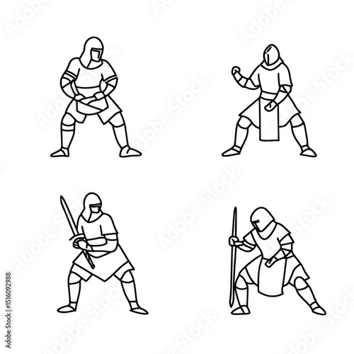 A continuous one-line illustration features a medieval knight who is standing and armored
