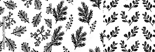 The background is a seamless pattern of winter Christmas holly, spruce branches, twigs with leaves, and berries, created using hand-drawn line modern illustration techniques and incorporating floral
