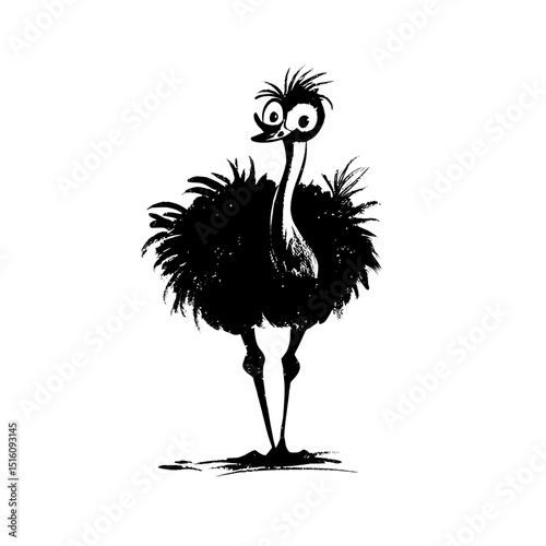 An ostrich is depicted in a modern illustration with a black outline and a transparent background