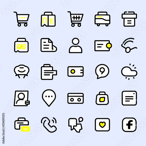 Outline black and yellow icons include shopping, delivery, service, and contact tools. Functional collection icon vector set for e-commerce systems.