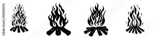 Modern illustration of fire in sketch, hand drawn camping bonfire
