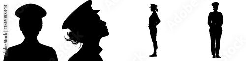 A black female police officer icon is set against a white background, presented in silhouette form