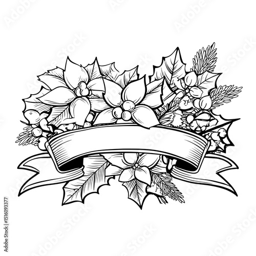 Coloring page with a modern cartoon hand draw illustration of black and white christmas and winter branch and ribbon
