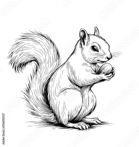 This modern image is a hand-drawn, black and white illustration featuring a set of isolated squirrels, presented in a vintage engraving style with a forest background and animal silhouettes