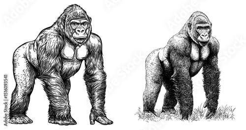 A set of illustrations featuring a vintage gorilla, isolated and engraved, is presented in a modern black and white hand-drawn image, including a monkey and kong in the background with primate