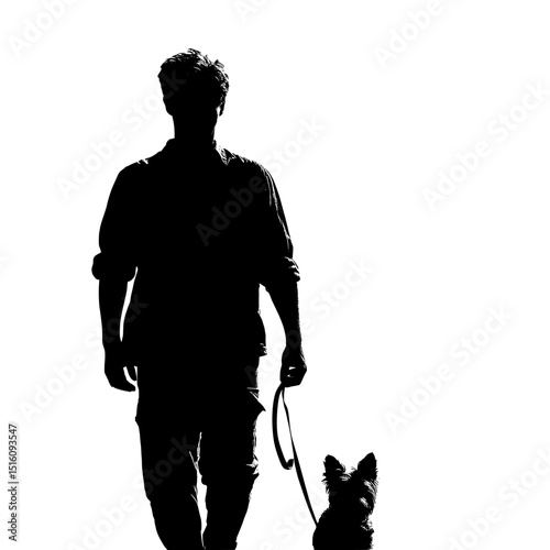 On a white background, the outline of a man and his dog walking together is prominently visible