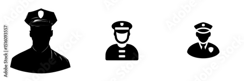 A black icon of a police officer is set against a white background, with the officer's silhouette on display