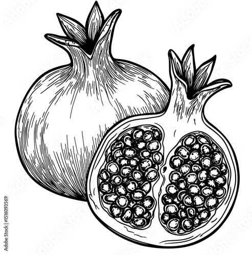 A white background serves as the setting for a set of hand-drawn illustrations of grain and pomegranate