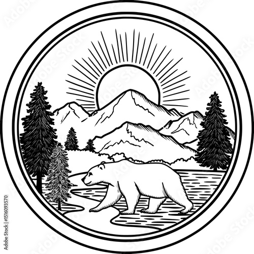 Mountain scene silhouette icon modern represents bear illustration clip art design shape