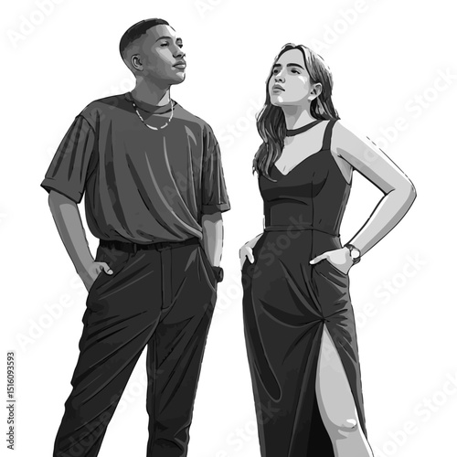 Man and woman fashion eccentric gray shade vector art