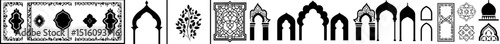 The Arabic arch forms the silhouette of a door or window in Islamic design, part of a collection of oriental patterns and frames in Muslim style for Ramadan celebrations, featuring a modern mosque