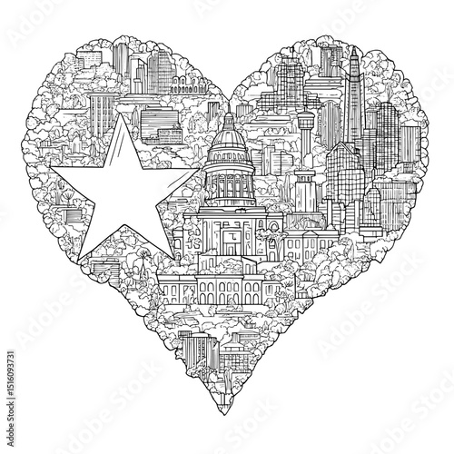 The city of San Antonio is illustrated in a modern outline doodle sketch on a black and white coloring page intended for adults to color and reduce stress in their color books