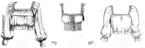 Cropped top t shirt blouse clothing features a smocked crop top fashion with short balloon sleeve, cuff, square neck, elastic gatherings, ruffles, and frill hem in a flat sketch technical drawing