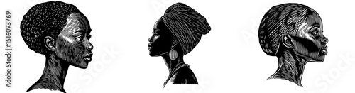 A black and white coloring page featuring a modern outline illustration of a girl's face, specifically an African woman's portrait, in abstract art style