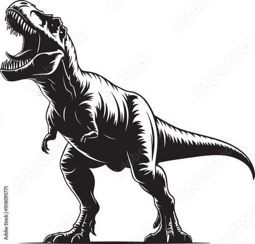 Powerful black and white tyrannosaurus rex dinosaur roaring with open mouth illustration