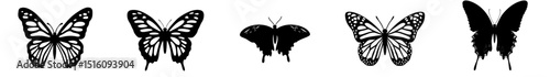 A black silhouette of butterflies is depicted in a flat icon drawing, with modern, isolated butterflies on a transparent background suitable for graphic design, beauty, web, and mobile apps,