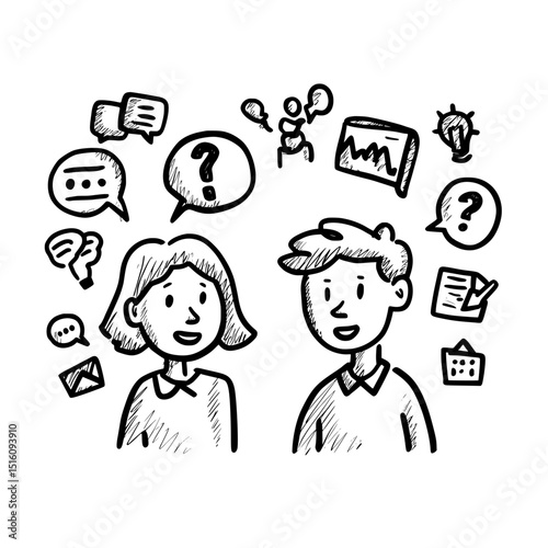 A linear icon depicting question and answer, representing a dialogue between two people where one asks and the other responds, also symbolizing counselling, with an editable stroke line