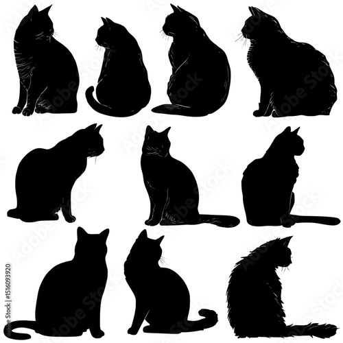 A contemporary outline of a cat sitting, set against a white and black background, featuring an adorable little kitten